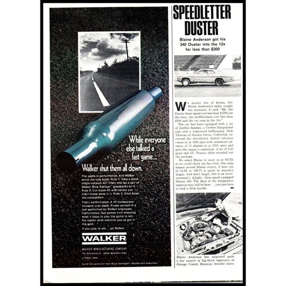 1972 Walker Blue Swinger Muffler Vintage Print Ad Glasspacks Muscle Car Wall Art - Picture 2 of 3